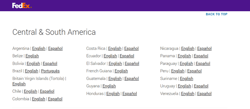 Сайтът на FedEx предлага английски за повечето страни