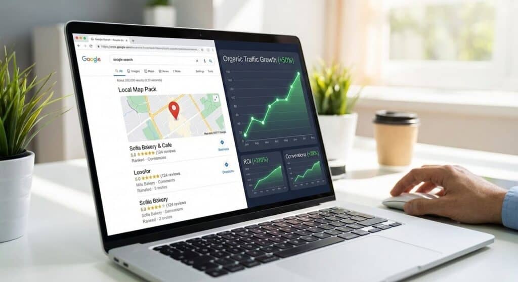 Карта на Google Maps показваща локални SEO резултати за бизнеси в България