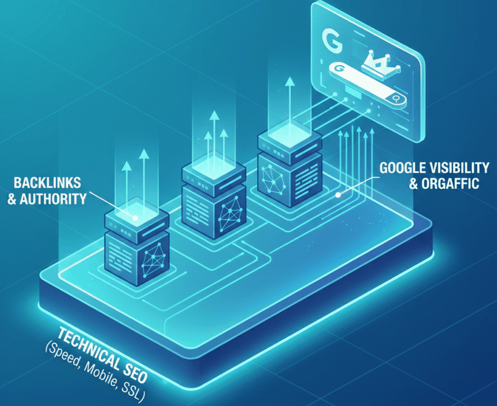 Диаграма на техническо SEO: скорост, мобилна оптимизация, структурирани данни и SSL