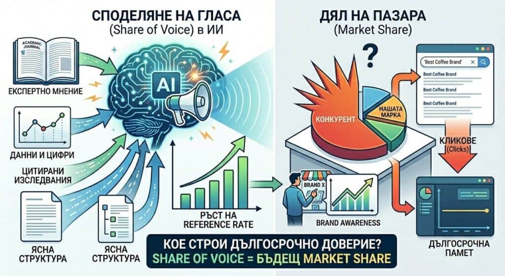 Share of voice в ерата на нулевия клик: как ИИ променя понятието за видимост