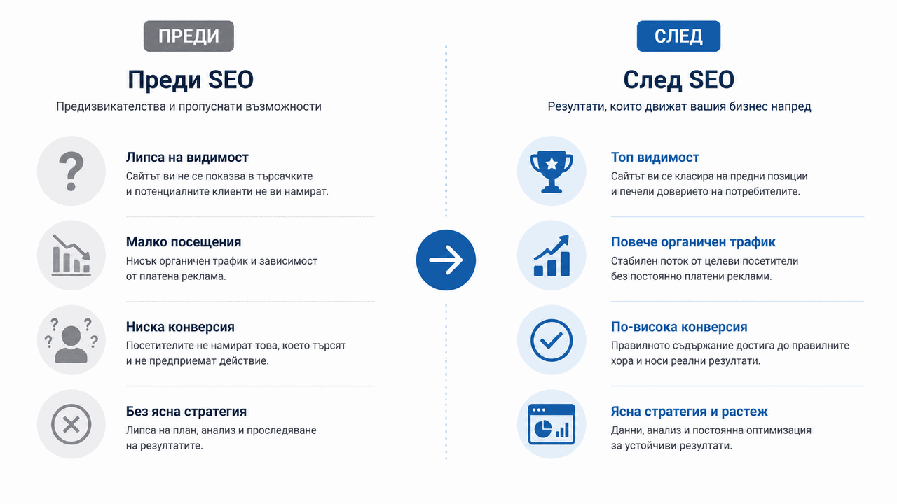 SEO курс преди и след - от позиция 50+ без органичен трафик до ТОП 10 позиции и самостоятелно управление на SEO