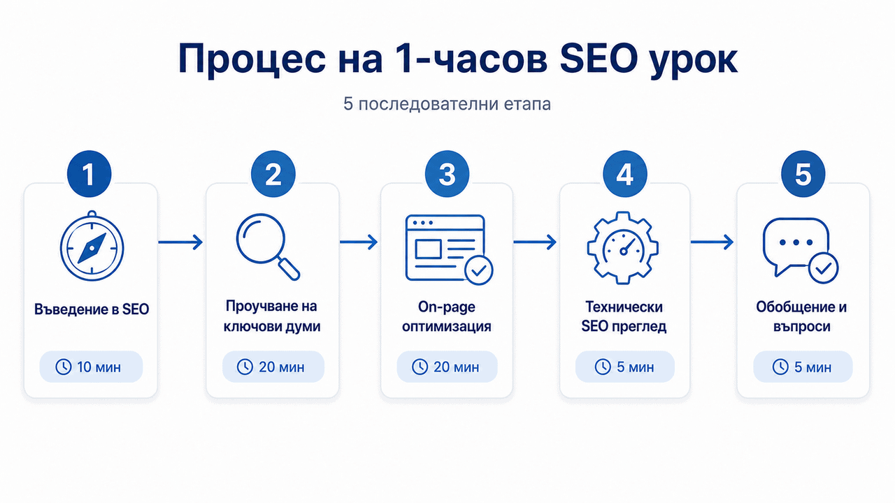 Структура на 1 час индивидуален SEO урок - преглед на текущото състояние, теория с демонстрация, практическа задача, анализ и домашна работа